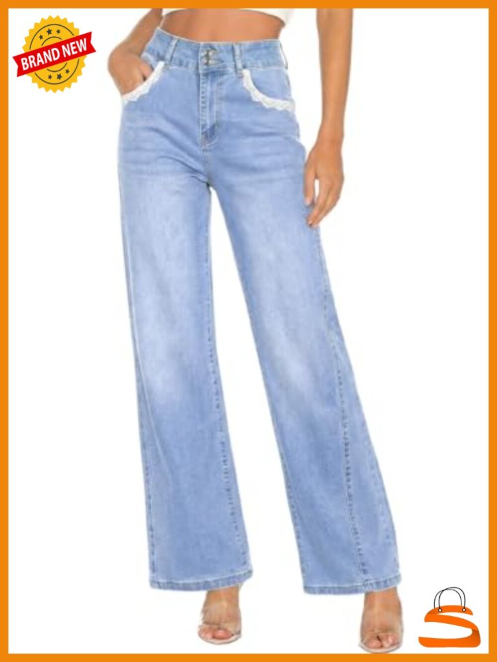 High Waisted Wide Leg Stretchy Jeans with Lace Pockets